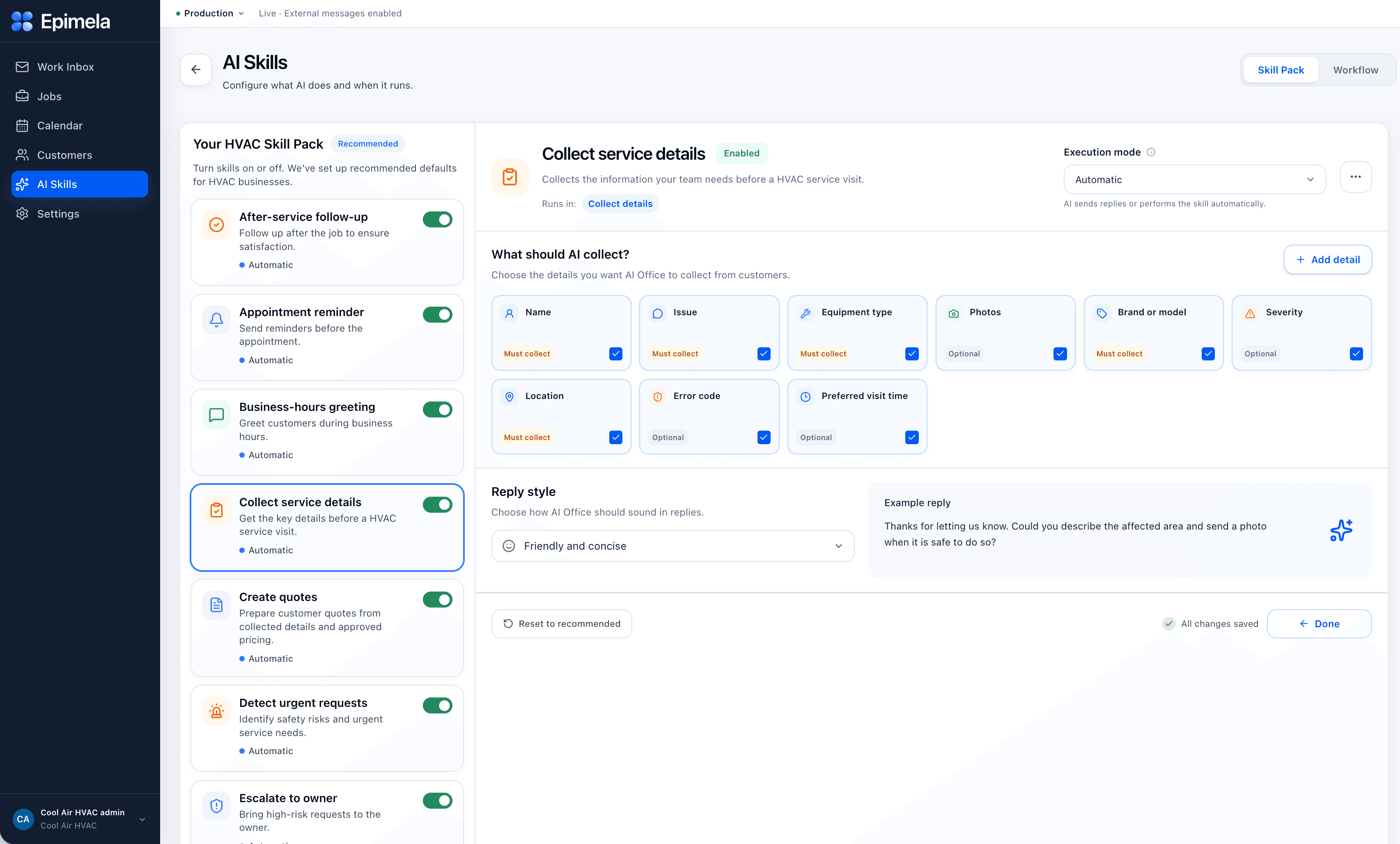 Epimela AI Skills workspace for configuring service details and execution mode