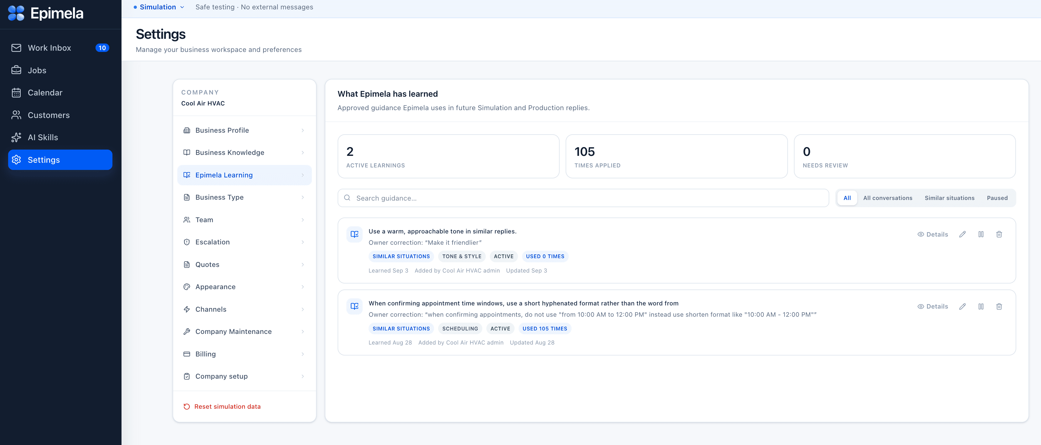 Epimela Learning settings with approved guidance and usage counts
