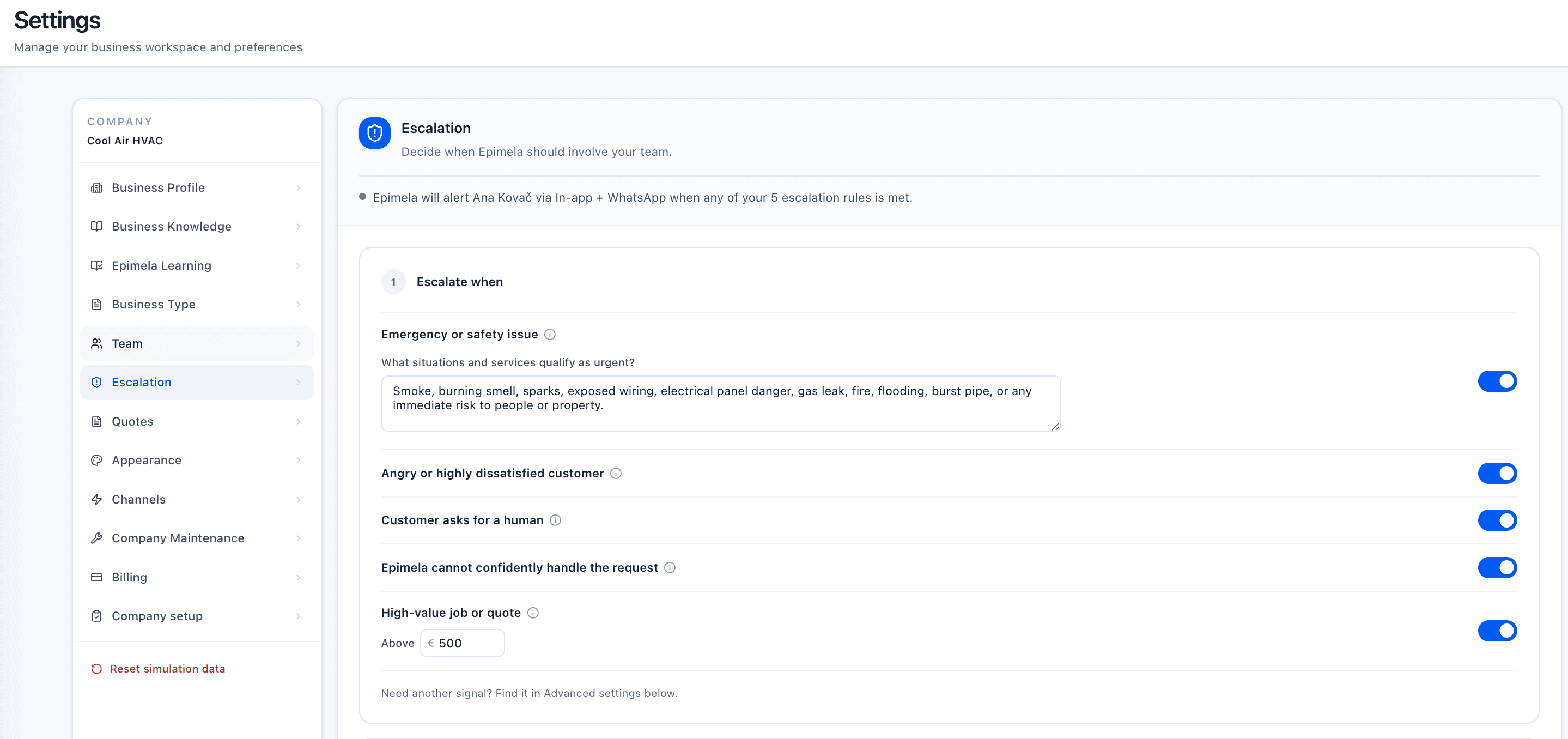 Epimela escalation settings for when requests need team attention