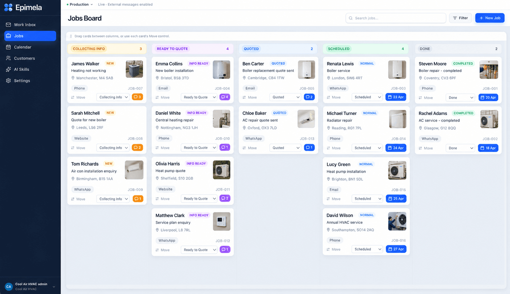Epimela Jobs Board with jobs organized by stage