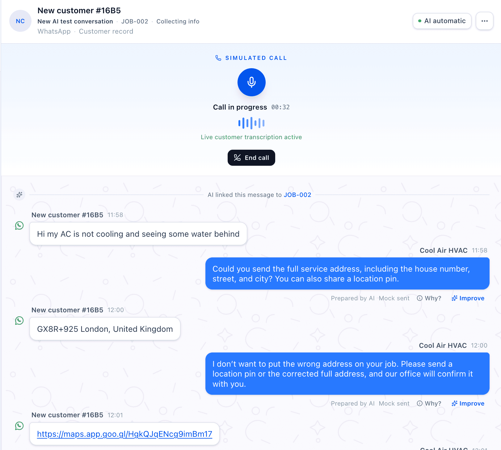 Epimela simulated call in progress with a customer transcript